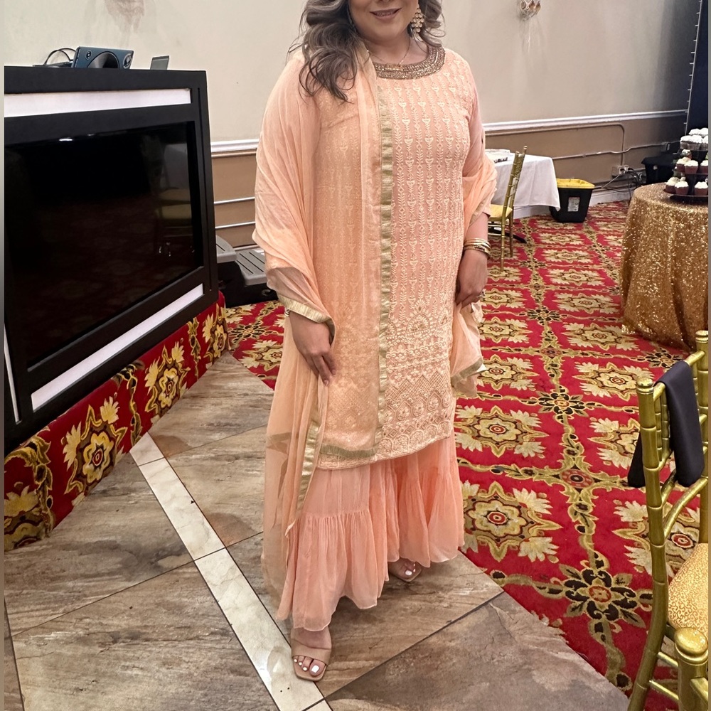 LIGHT PEACH PINK CHIKANKARI SHARARA INDIAN SET. Size 48. Unaltered. Worn once